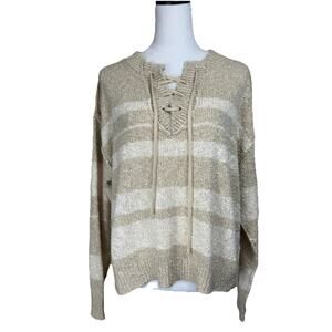 Women's BKE Sweater Sz M Tan White Long Sleeves 1/4 Lace Up Boxy Boho